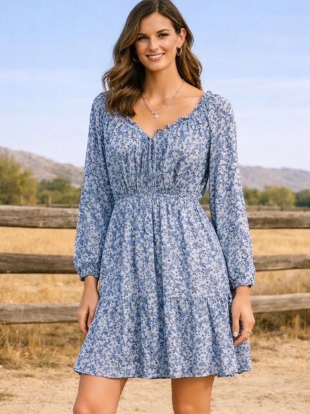 Old Navy Mini Blue Ditsy Floral Poet Swing Dress Size Medium